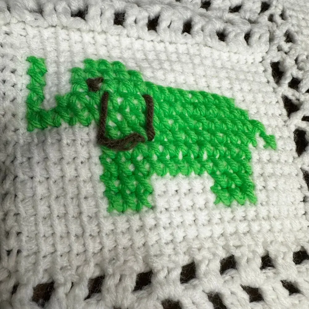 Vintage Hand Knit Quilt Crochet Afghan 36” x 36” Baby Blanket Animals Nursery